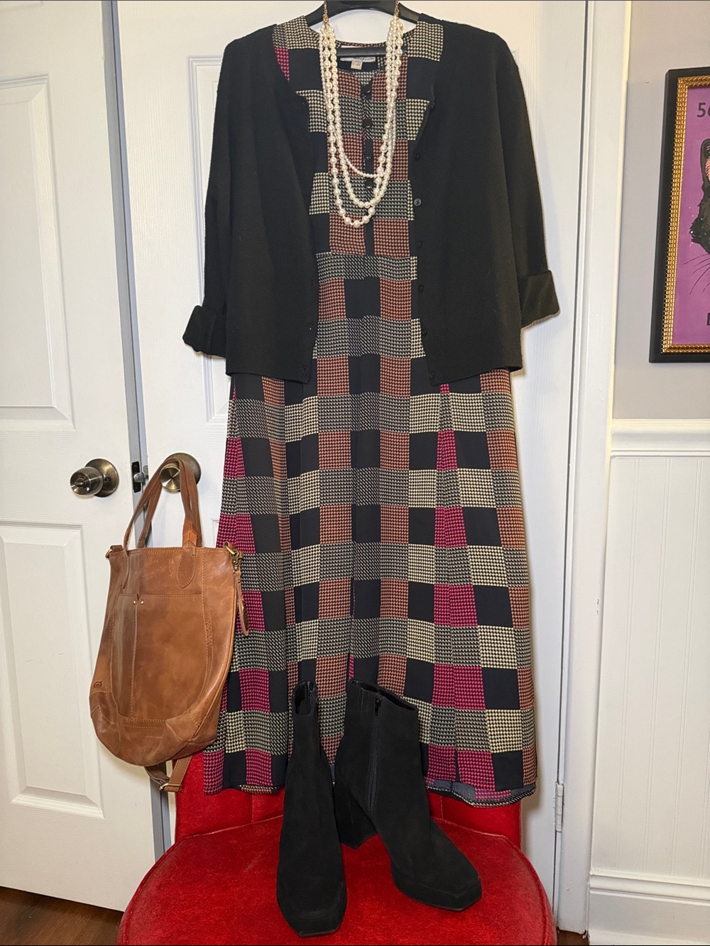 Vintage Hongfenye Patchwork Houndstooth Midi Dress Artsy Smock Pockets